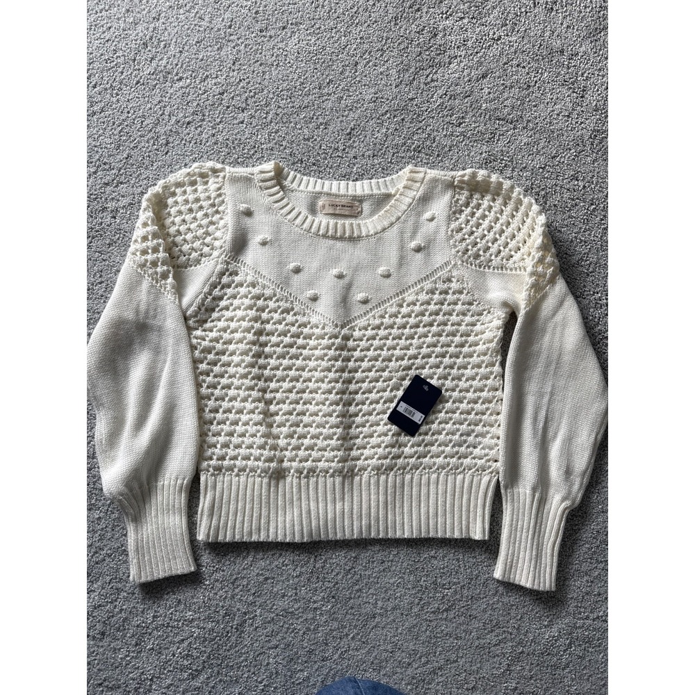 Lucky Brand Womens Sweater Ivory Knit Pullover Small‎ Pointelle Puff Sleeve NWT